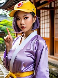 A tall petite Cambodian girl in purple karate robes sweats in Kyoto's heat
