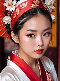 Cambodian woman in red wedding dress dances joyfully at a Japanese themed parade