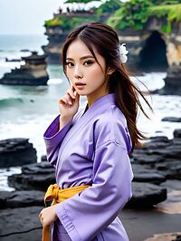 A Korean woman wearing purple karate robes in sunset lit Balinese scenery